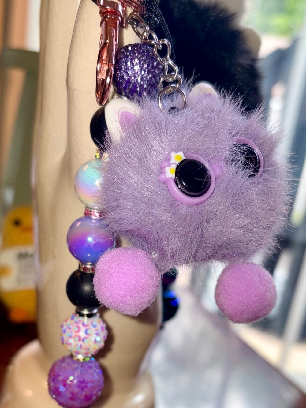 Purple Fluffy cat bag charm with holographic and rhinestone beaded bag charm